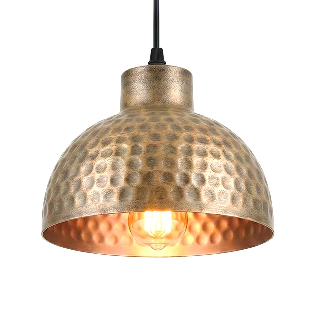 Copper metal pendant light with hammered shade hanging over kitchen island, adjustable cord for perfect height, E27 bulb compatible