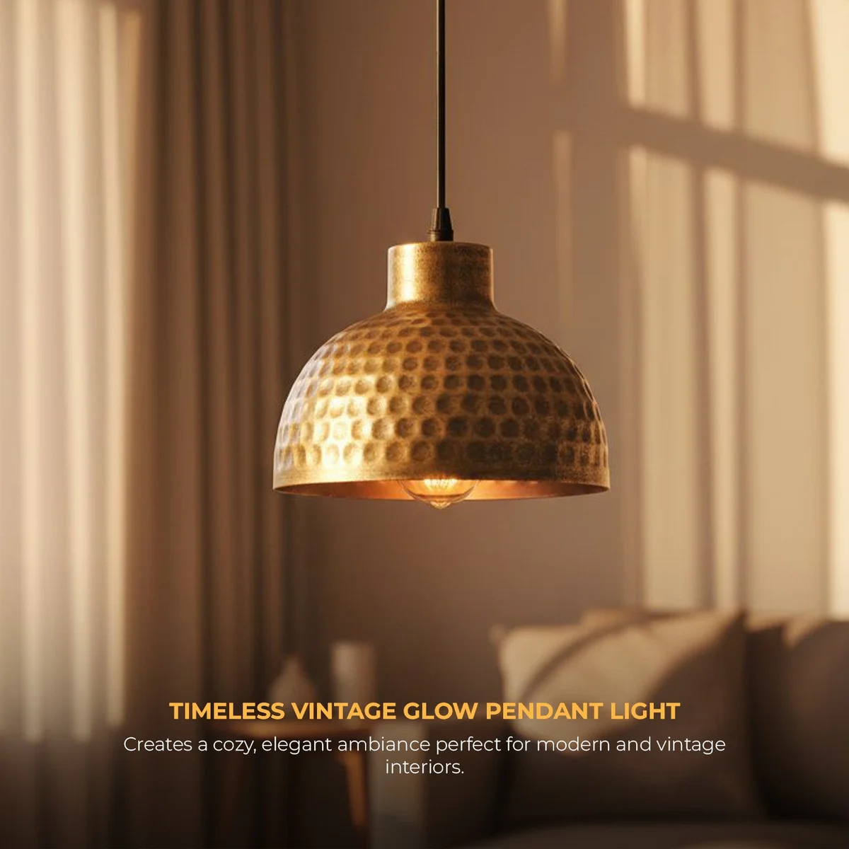 Copper pendant light with hammered metal shade hanging from adjustable 1m cord against white background