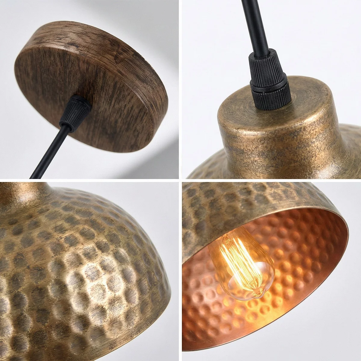 Copper pendant light with hammered metal shade and adjustable 1m hanging cord, shown in industrial kitchen setting