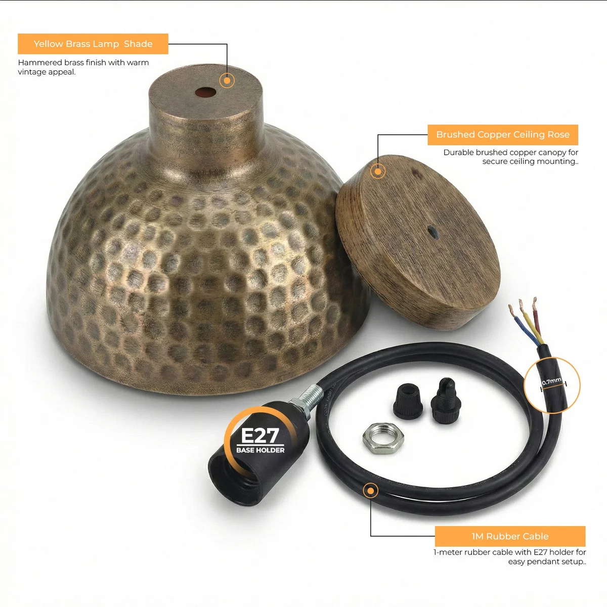 Copper pendant light with hammered metal shade hanging from adjustable 1m cord against plain background