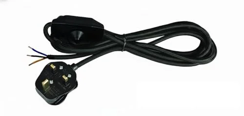 Black fabric-covered dimmable pendant light cable with touch dimmer switch and E27 bulb base hanging from ceiling mount