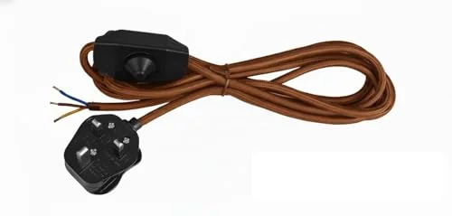 Black fabric-covered e27 bulb pendant light cable with touch dimmer switch and oxidized metal shade hanging from ceiling