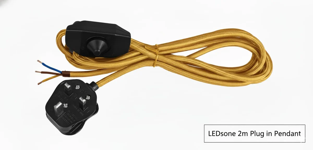 Black fabric-covered plug in pendant light cable with touch dimmer switch and E27 bulb base hanging from ceiling