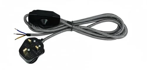 Black fabric-covered plug in pendant light cable with touch dimmer switch and E27 bulb base, ceiling mount design