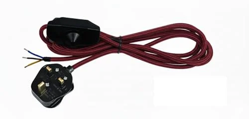 Black fabric-covered plug in pendant light cable with touch dimmer switch and E27 bulb base hanging from ceiling