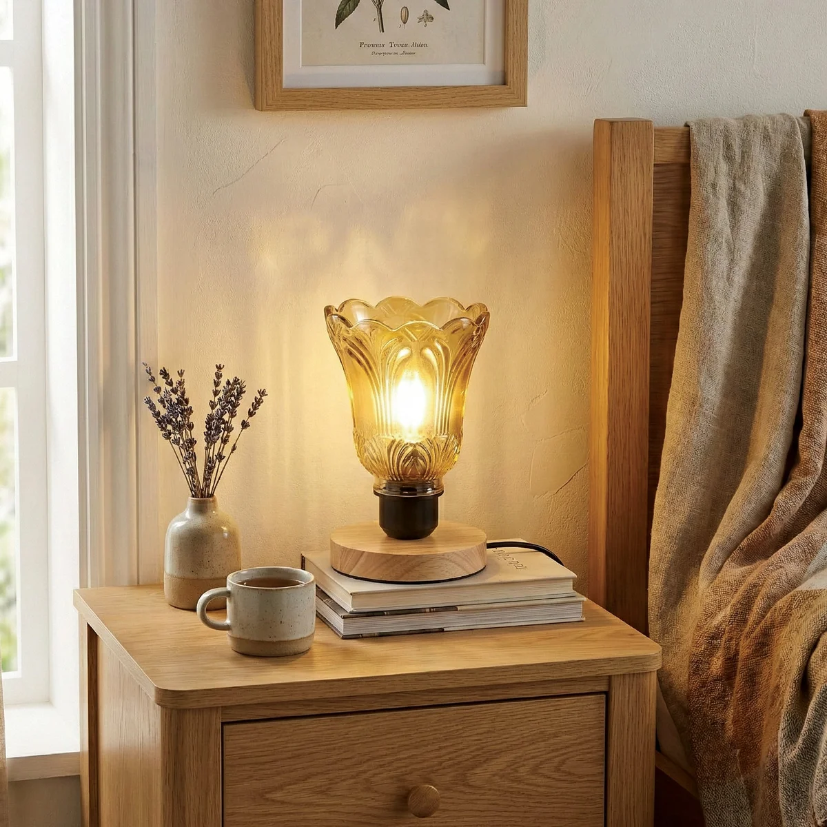 Vintage glass table lamp with warm brown textured shade and natural wooden base, featuring inline switch and 2m cable