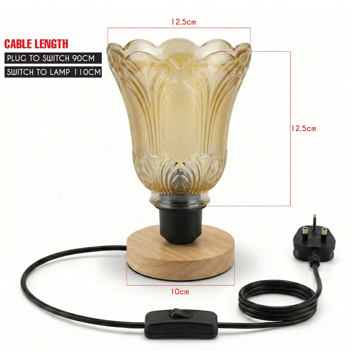 Vintage wooden base lamp with tea brown textured glass shade and black E27 holder on a white background