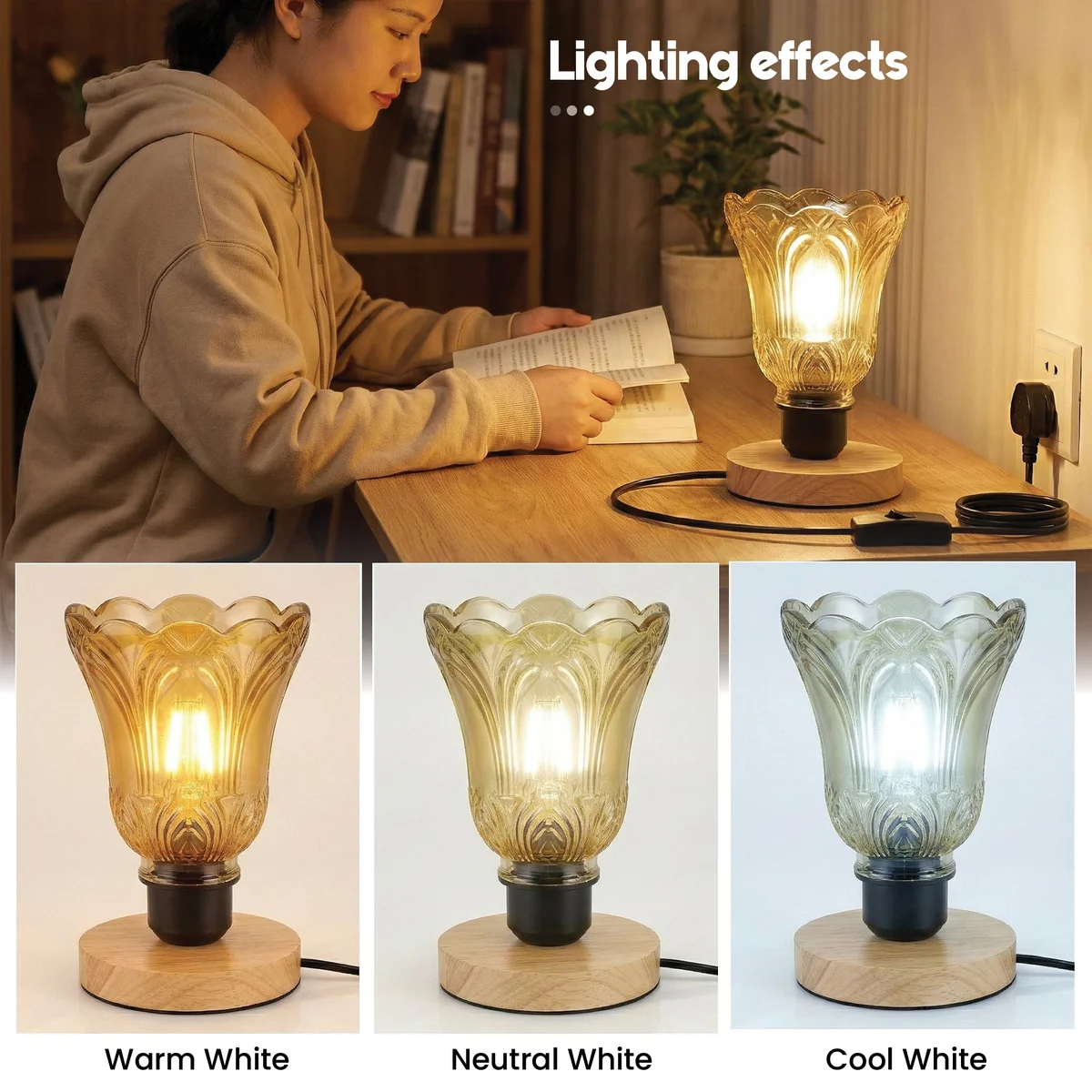 Vintage E27 plug-in lamp with warm brown textured glass shade and natural wooden base on a white surface