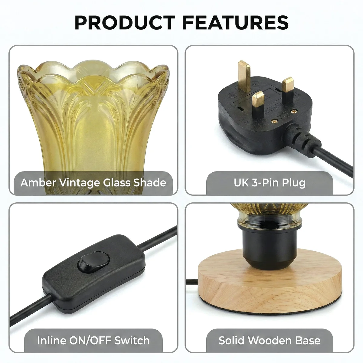 Vintage table lamp with tea brown glass shade and natural wooden base, featuring inline switch and UK plug cable