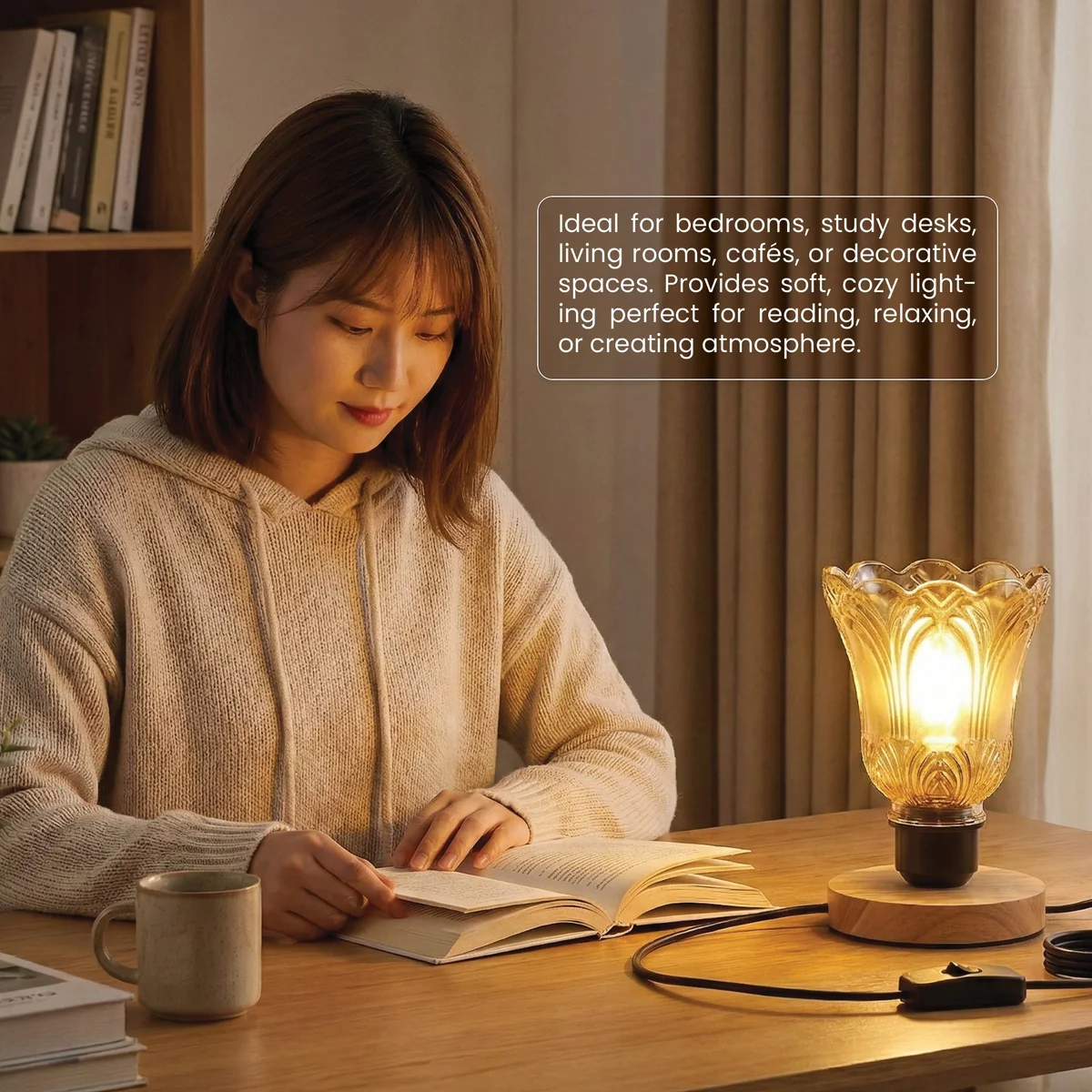 Vintage bedside table lamp with warm brown textured glass shade and natural wooden base, inline switch on 2m cable