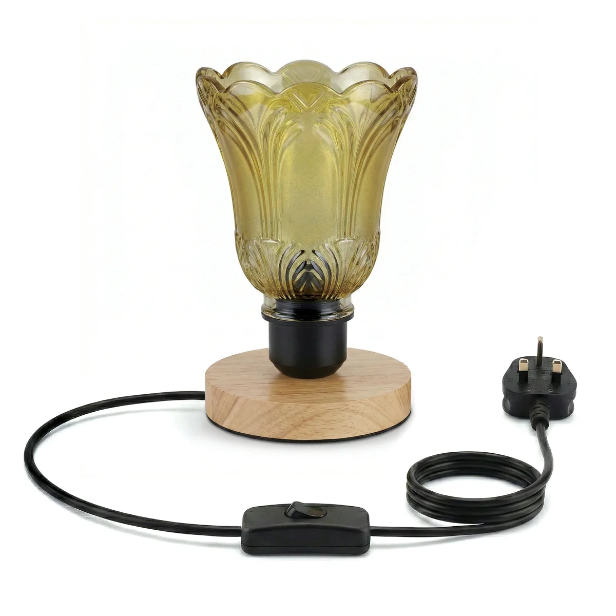 Vintage glass table lamp with warm brown textured shade and wooden base, showcasing modern retro lighting design