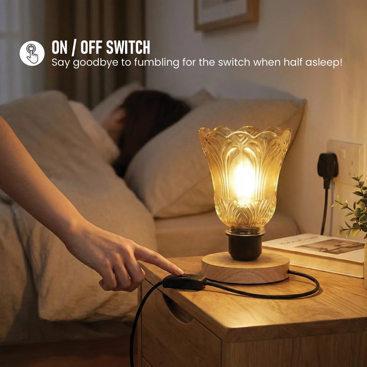 Vintage glass table lamp with warm brown textured shade, natural wooden base, black E27 holder, and 2m cable with switch