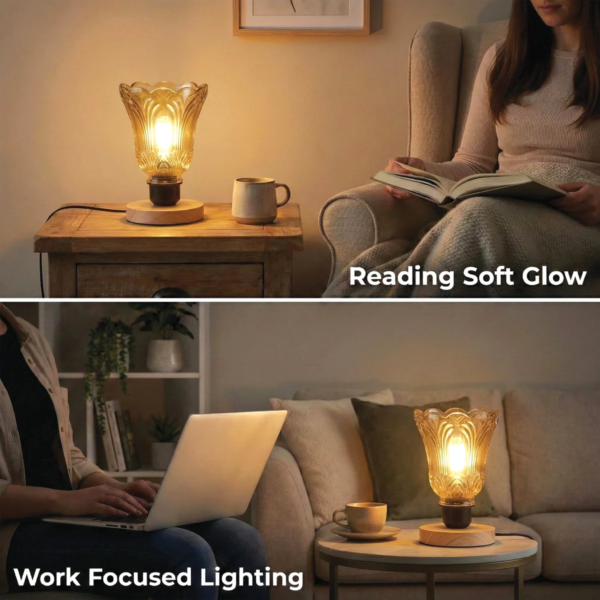 Vintage glass table lamp with warm brown textured shade and natural wooden base on a white surface with 2m cable