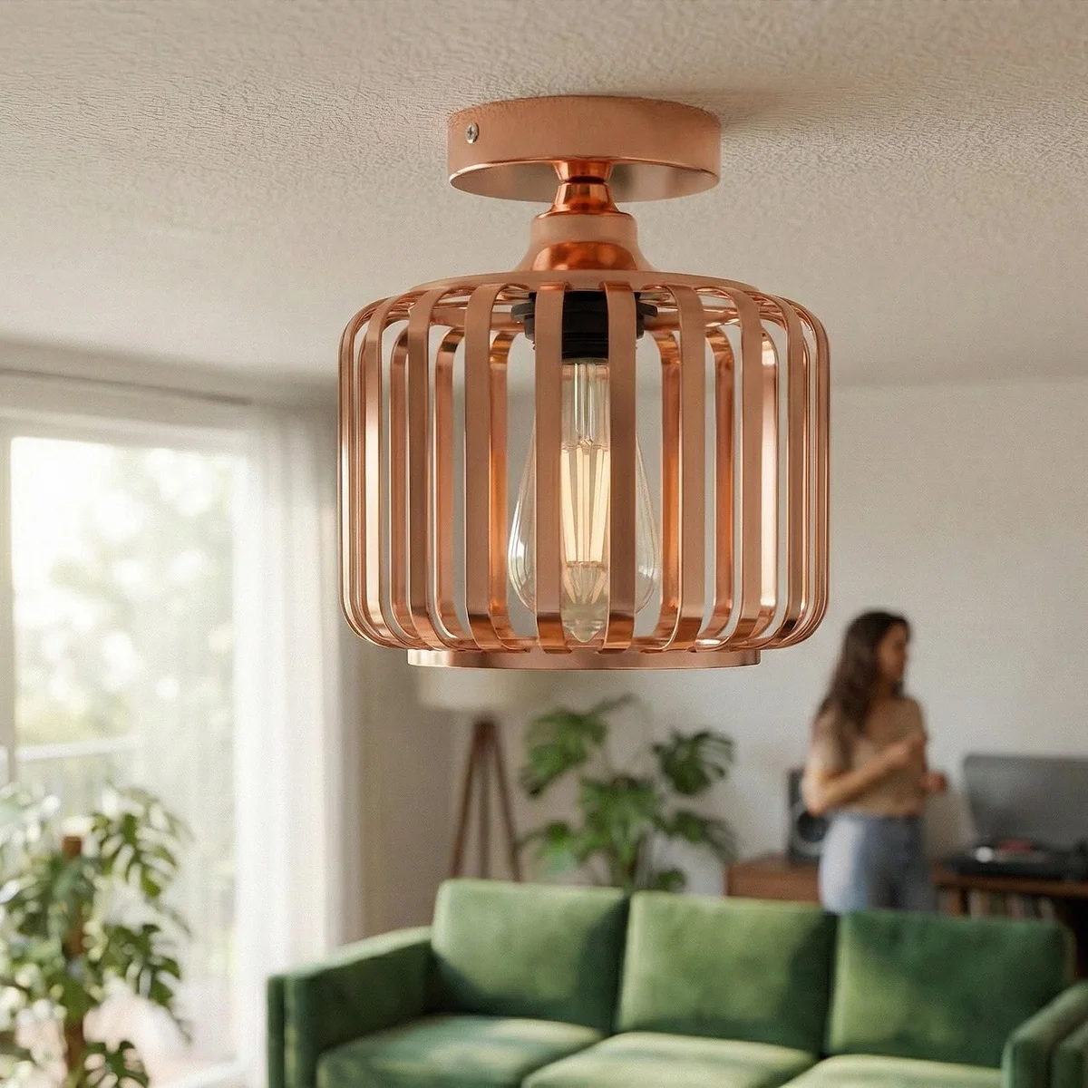 Rose gold ceiling light with industrial metal cage design, semi-flush mount, 18cm diameter shade and 10cm ceiling rose
