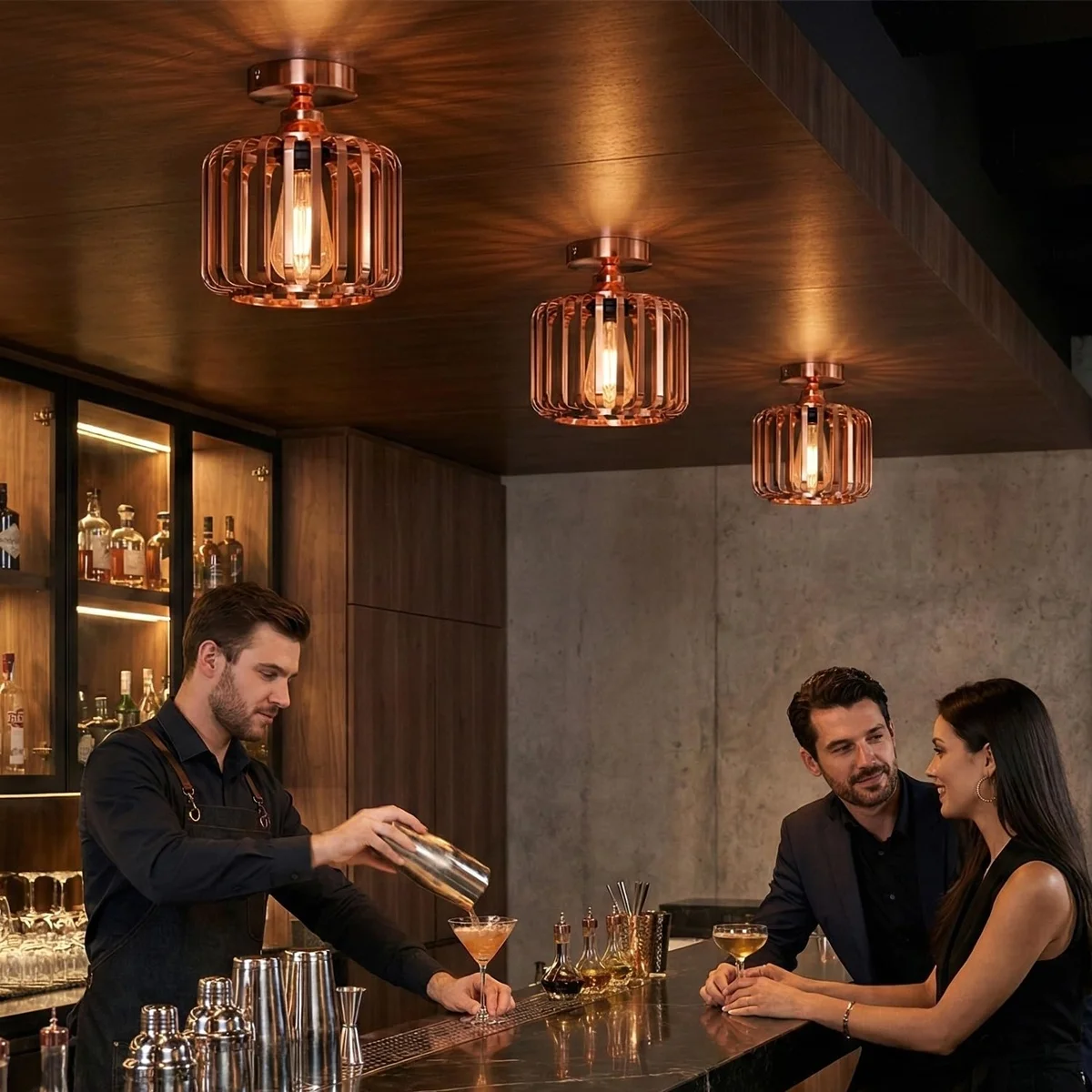 Rose gold industrial metal cage E27 ceiling light fitting with 18cm diameter shade and 10cm ceiling rose mounted on ceiling