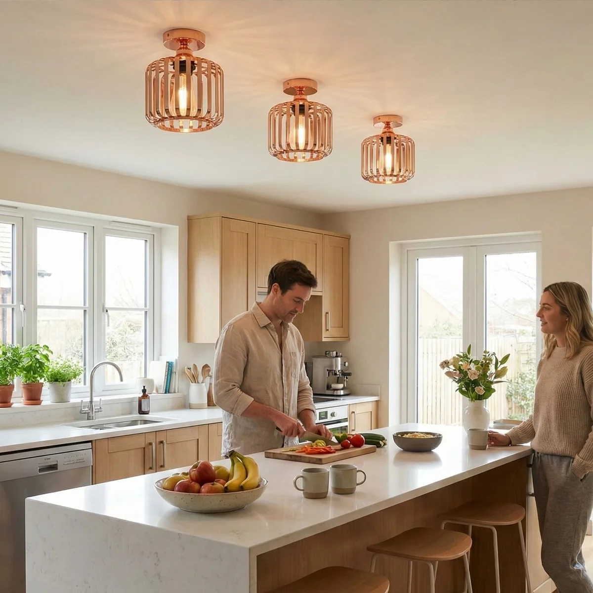 Rose gold metal cage ceiling lamp with 18cm diameter shade and compact 10cm ceiling rose, industrial style design