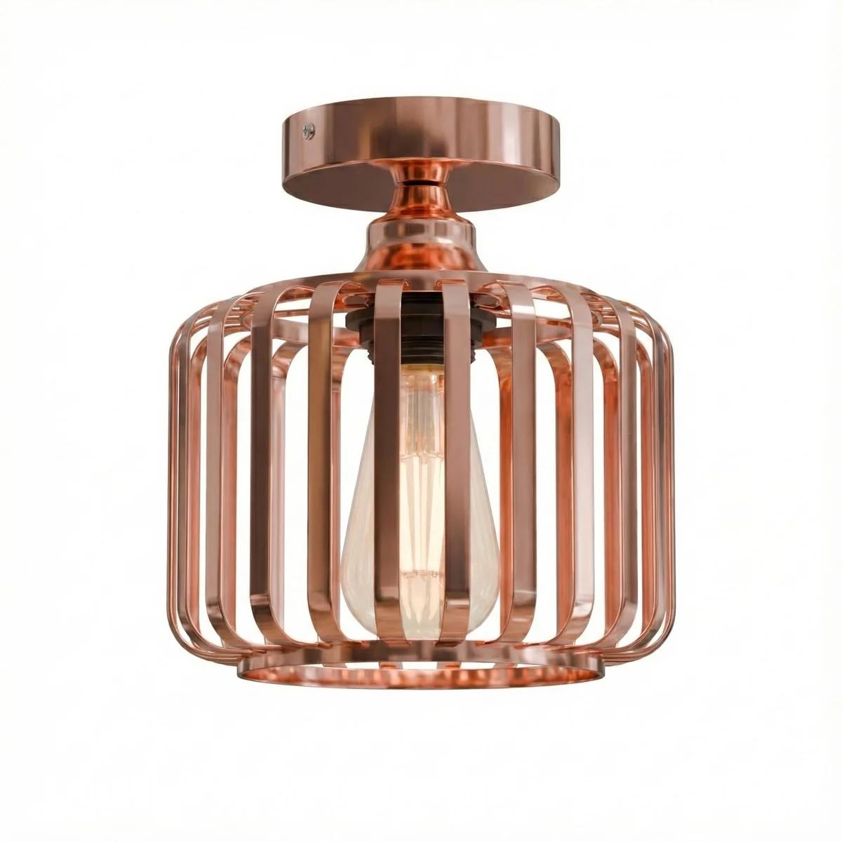 Rose gold ceiling light with industrial metal cage design, semi-flush mount and 18cm diameter shade on white ceiling