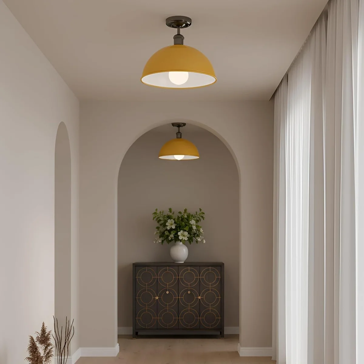 Black 30cm metal dome vintage flush mount ceiling light with multi-layer lacquer finish and industrial style design