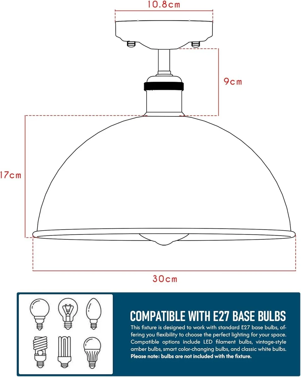 Black 30cm metal dome ceiling light with vintage flush mount design, ideal for industrial or mid-century interiors
