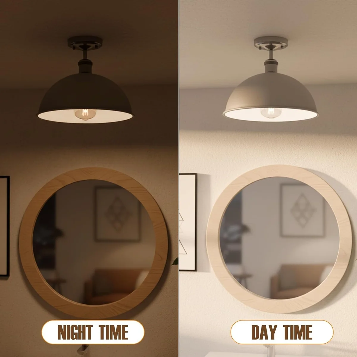 Black 30cm metal dome industrial flush mount light with multi-layer lacquer finish on white ceiling background