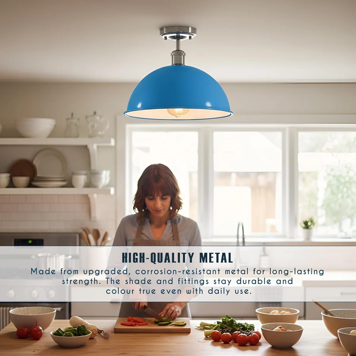 Black 30cm metal dome hardwired ceiling light with vintage flush mount design and multi-layer lacquer finish