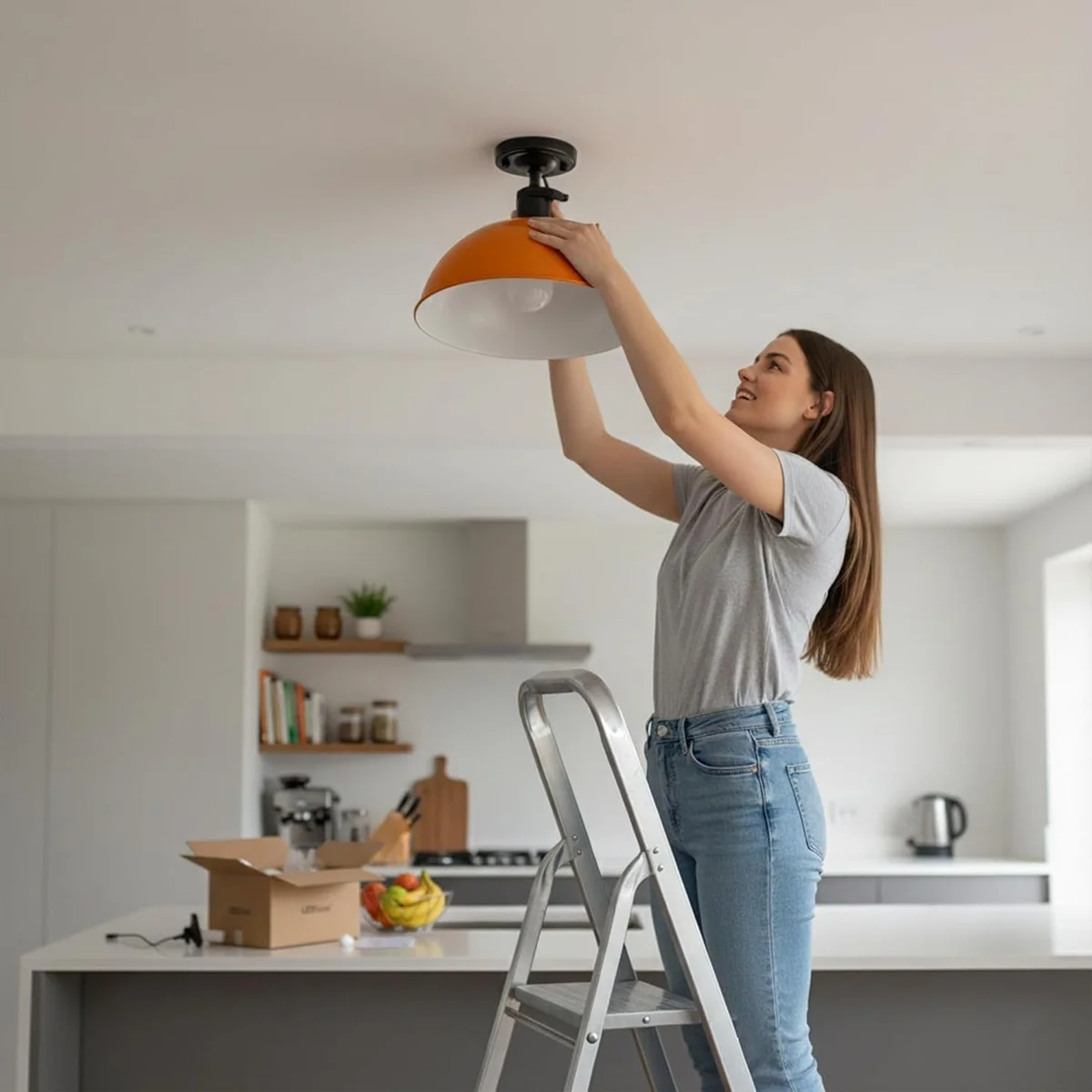 Black 30cm metal dome mid-century ceiling light with multi-layer lacquer finish mounted on white ceiling