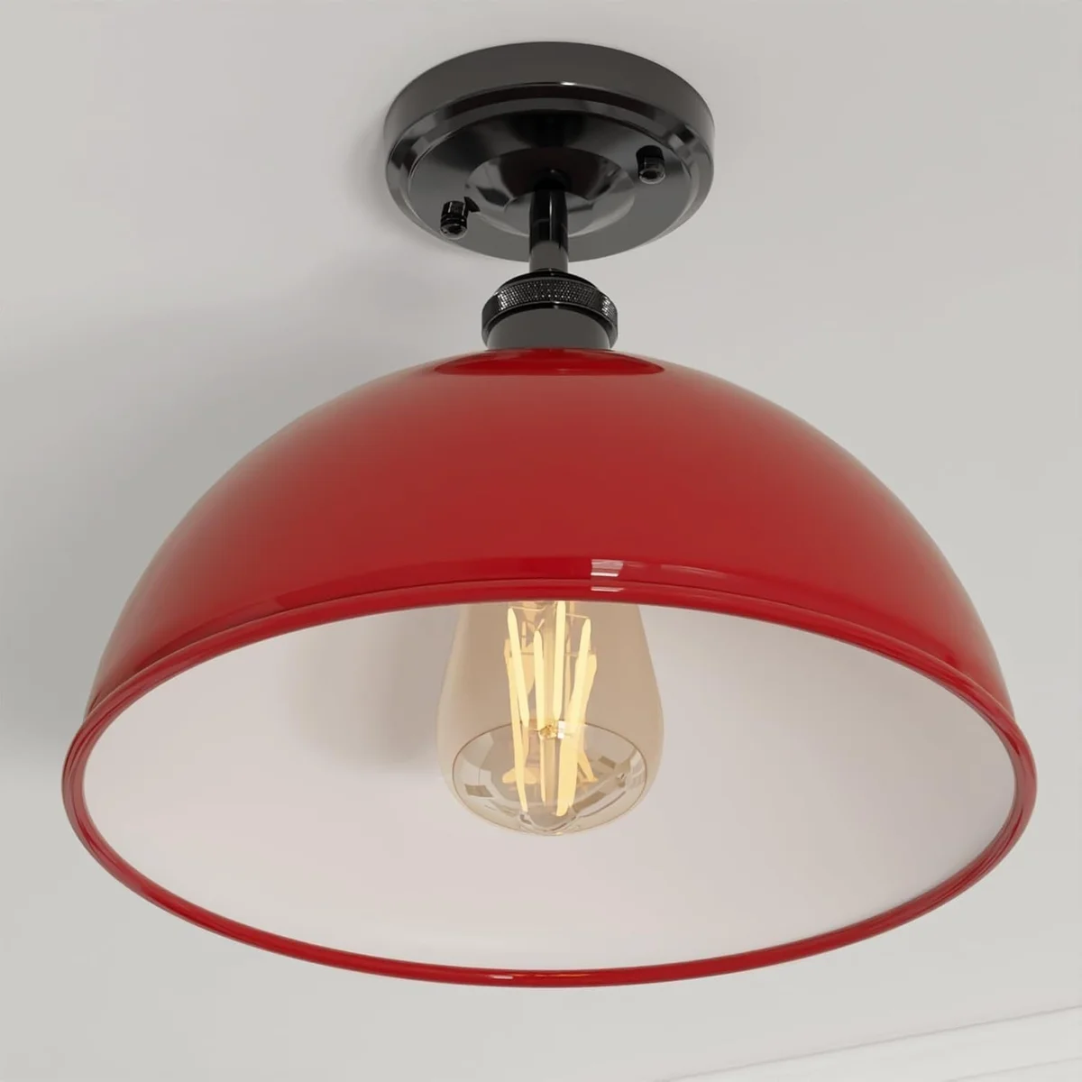 Black 30cm metal dome rustic ceiling light with vintage flush mount design, ideal for kitchens and living rooms