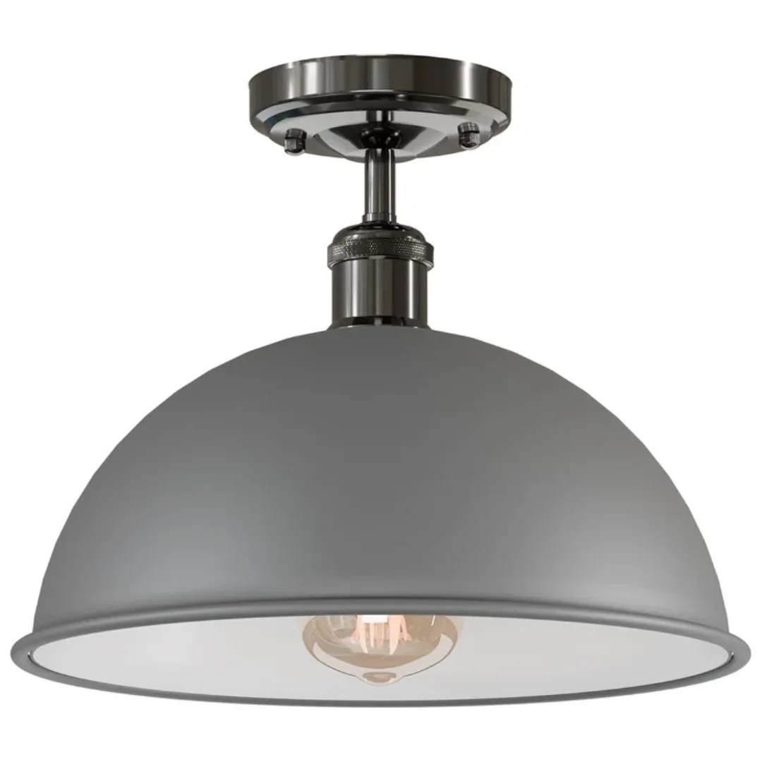 Black 30cm metal dome vintage flush mount ceiling light with multi-layer lacquer finish against white background