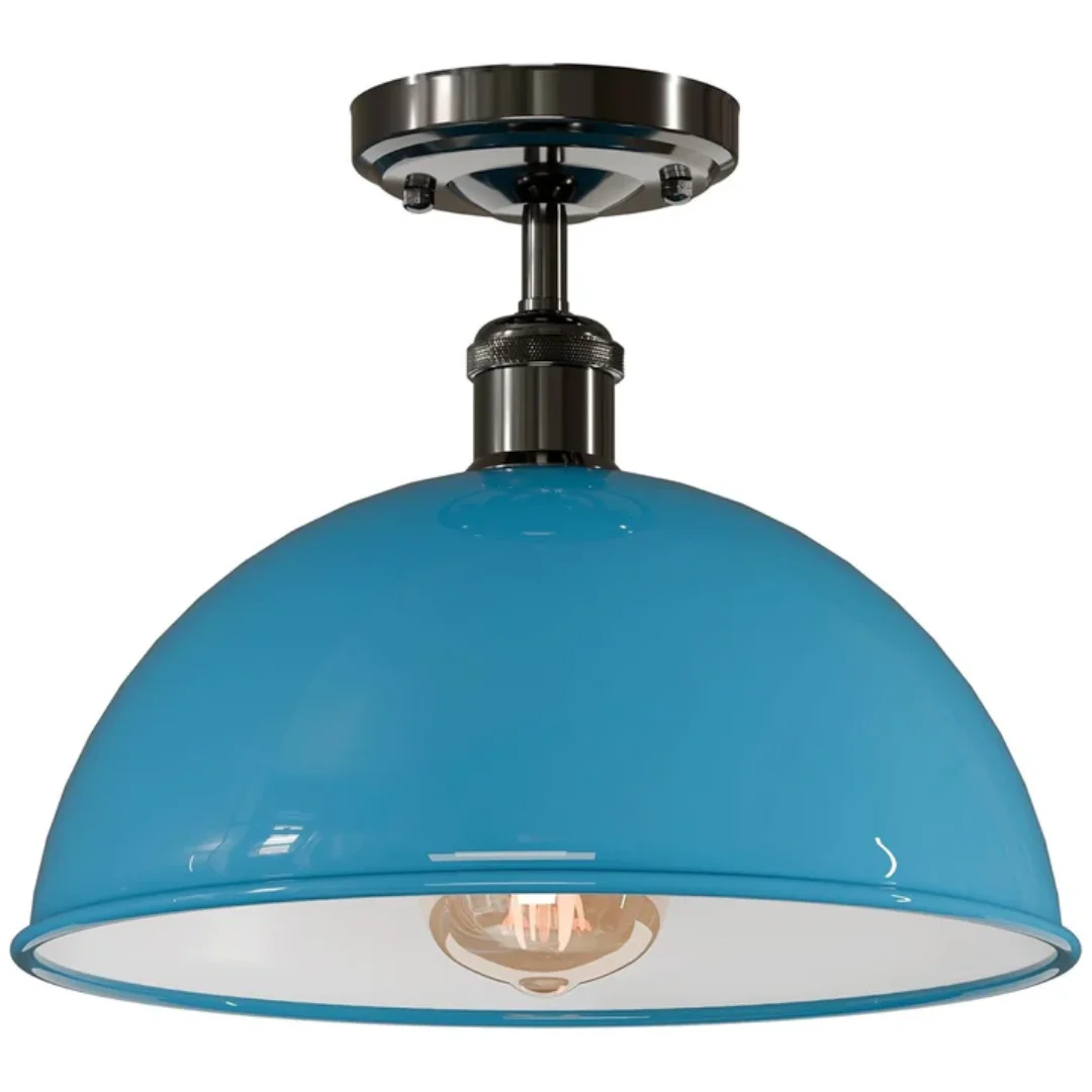 Black 30cm metal dome vintage flush mount ceiling light with multi-layer lacquer finish, shown installed on white ceiling