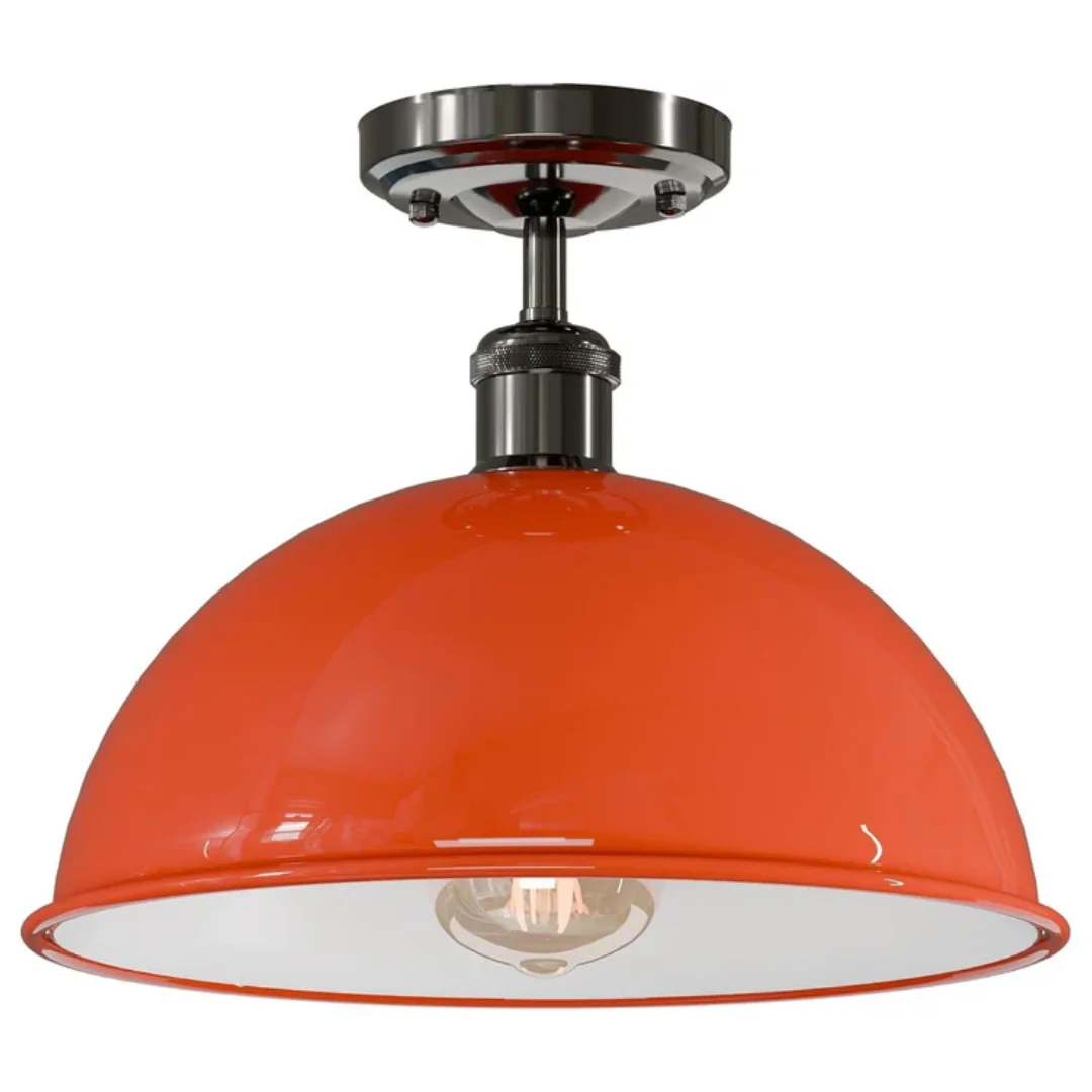 Black 30cm metal dome vintage flush mount ceiling light with multi-layer lacquer finish, shown installed on white ceiling