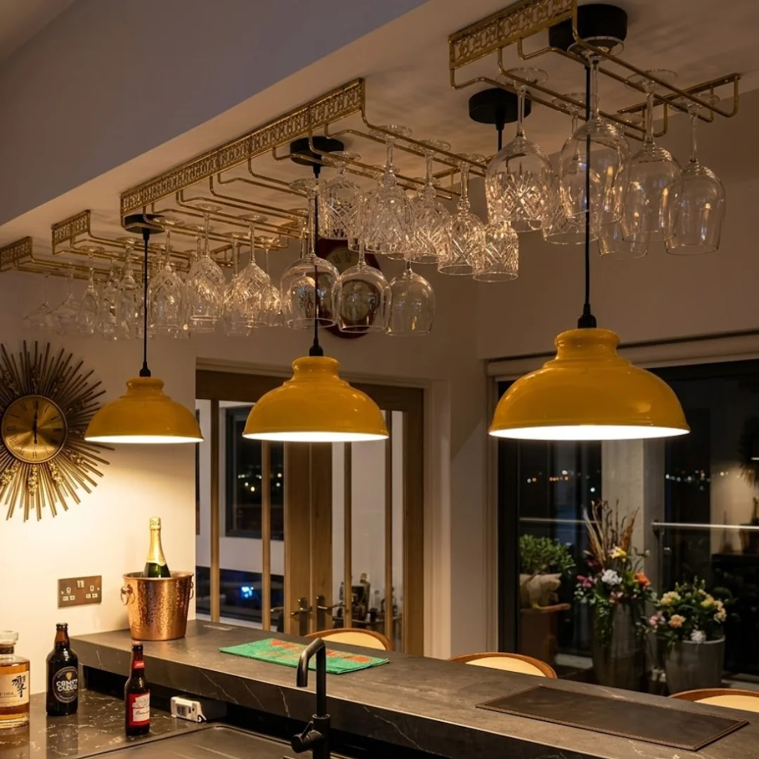 3 pack pendant lights with metal dome shades in brushed brass, hanging at different heights against a white background
