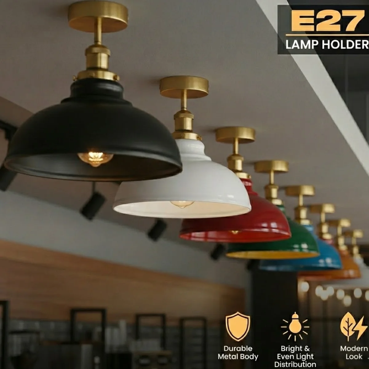 Vintage kitchen ceiling light with metal conical shade, semi-recessed design, and rust-resistant finish for indoor use