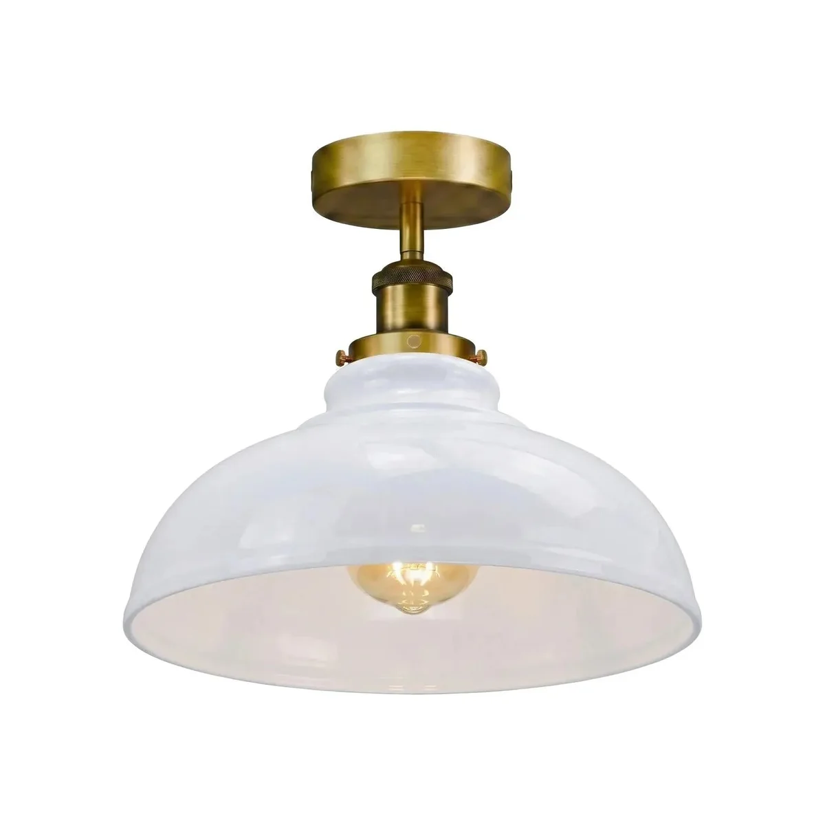 Vintage industrial semi recessed ceiling light with metal conical shade and brushed metal finish, shown mounted on ceiling