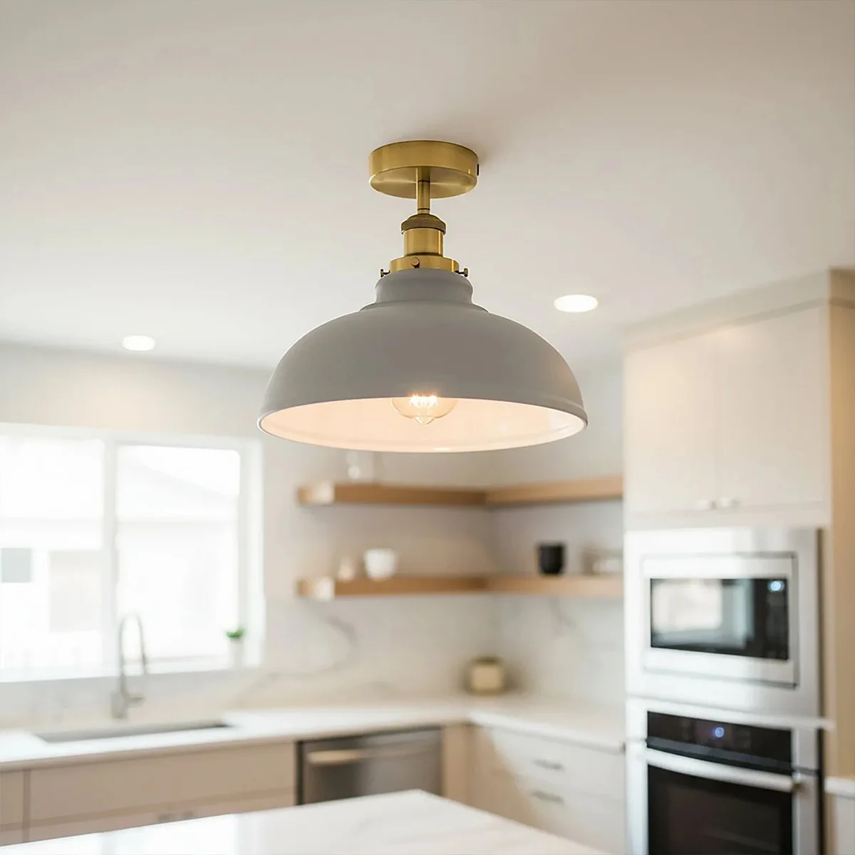 Vintage style metal ceiling lamp with conical shade, semi-recessed design, suitable for indoor use, no bulb included