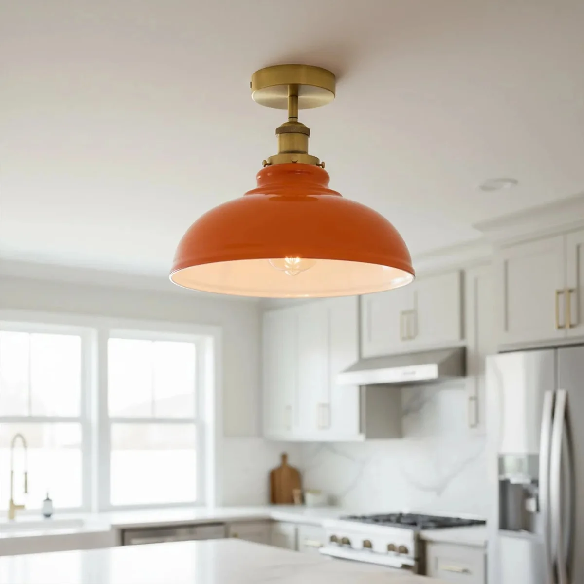 Vintage industrial style metal conical shade E27 bulb ceiling light with semi-recessed design and mounting hardware visible