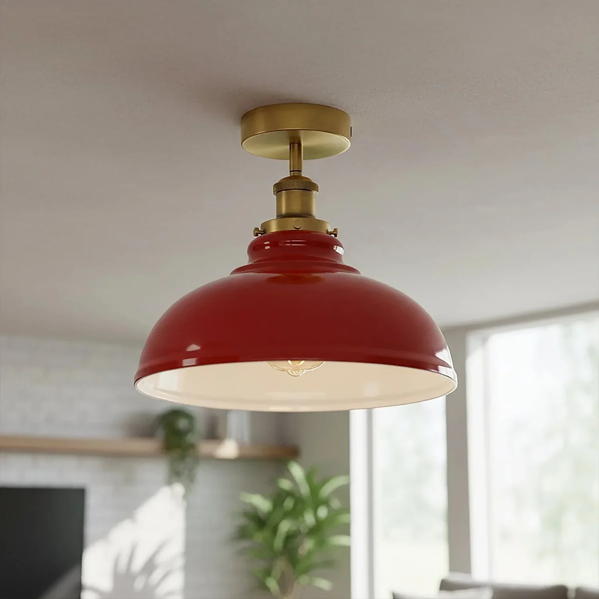 Vintage kitchen ceiling light with rust-resistant metal conical shade and semi-recessed design installed over sink