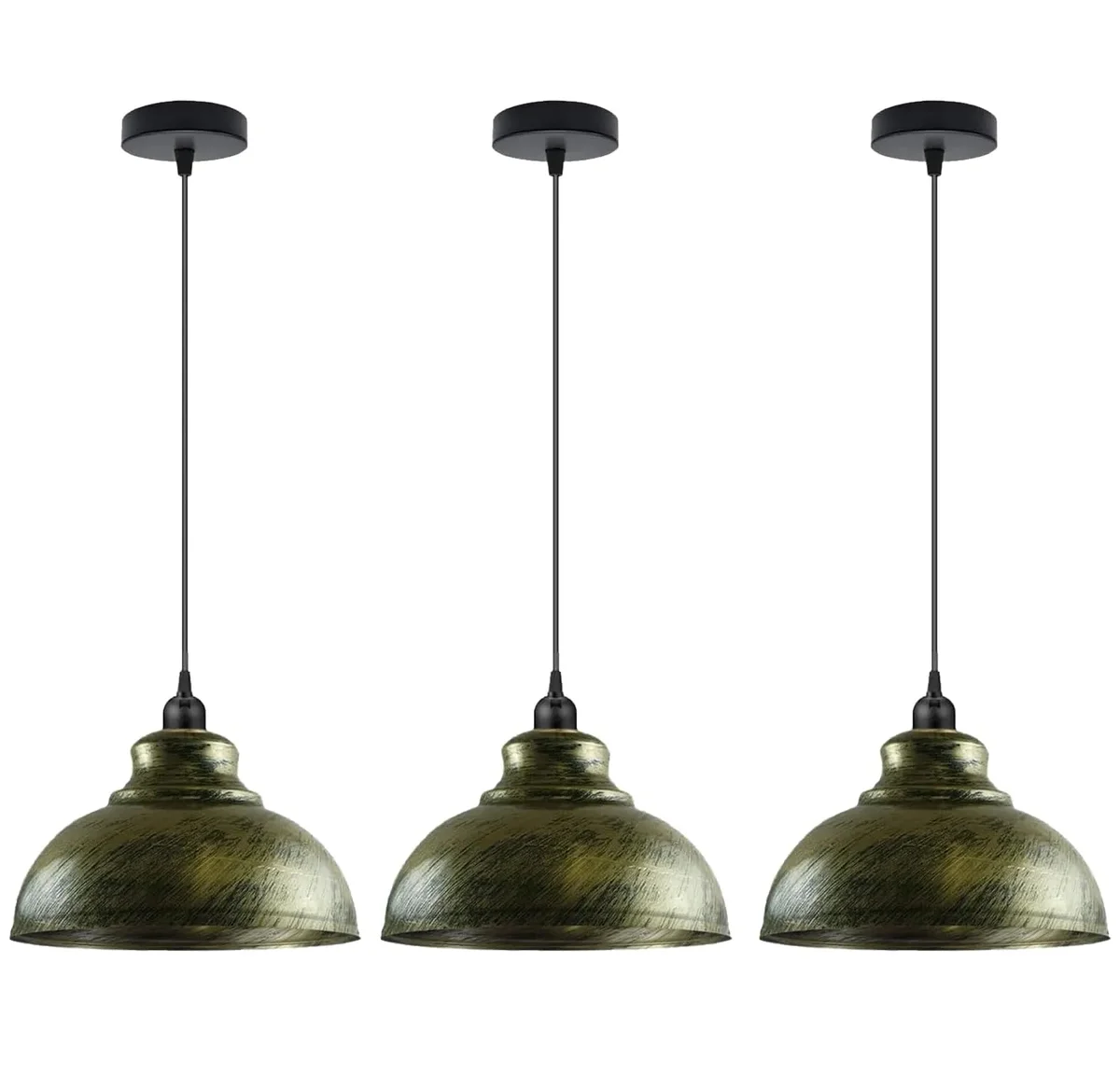 Three modern pendant ceiling lights with curved metal shades in brushed brass finish hanging in a row on adjustable cords