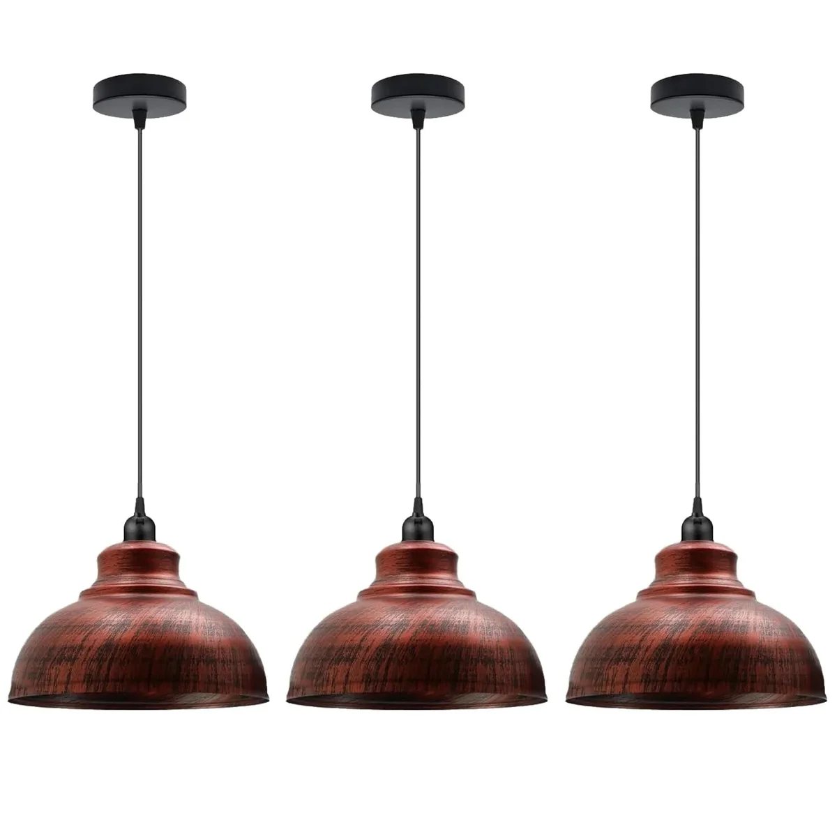 Three modern pendant ceiling lights with curved metal shades in brushed brass finish hanging at varying heights