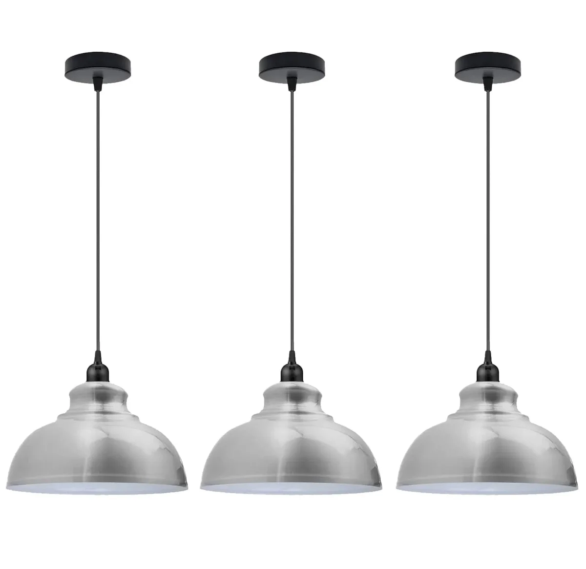 Three modern pendant ceiling lights with curved metal shades in brushed brass, hanging at different heights