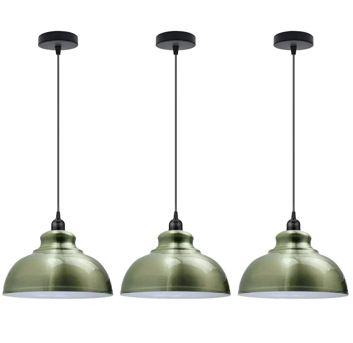 Three modern pendant ceiling lights with curved metal shades in brushed brass hanging over a kitchen island on adjustable cords