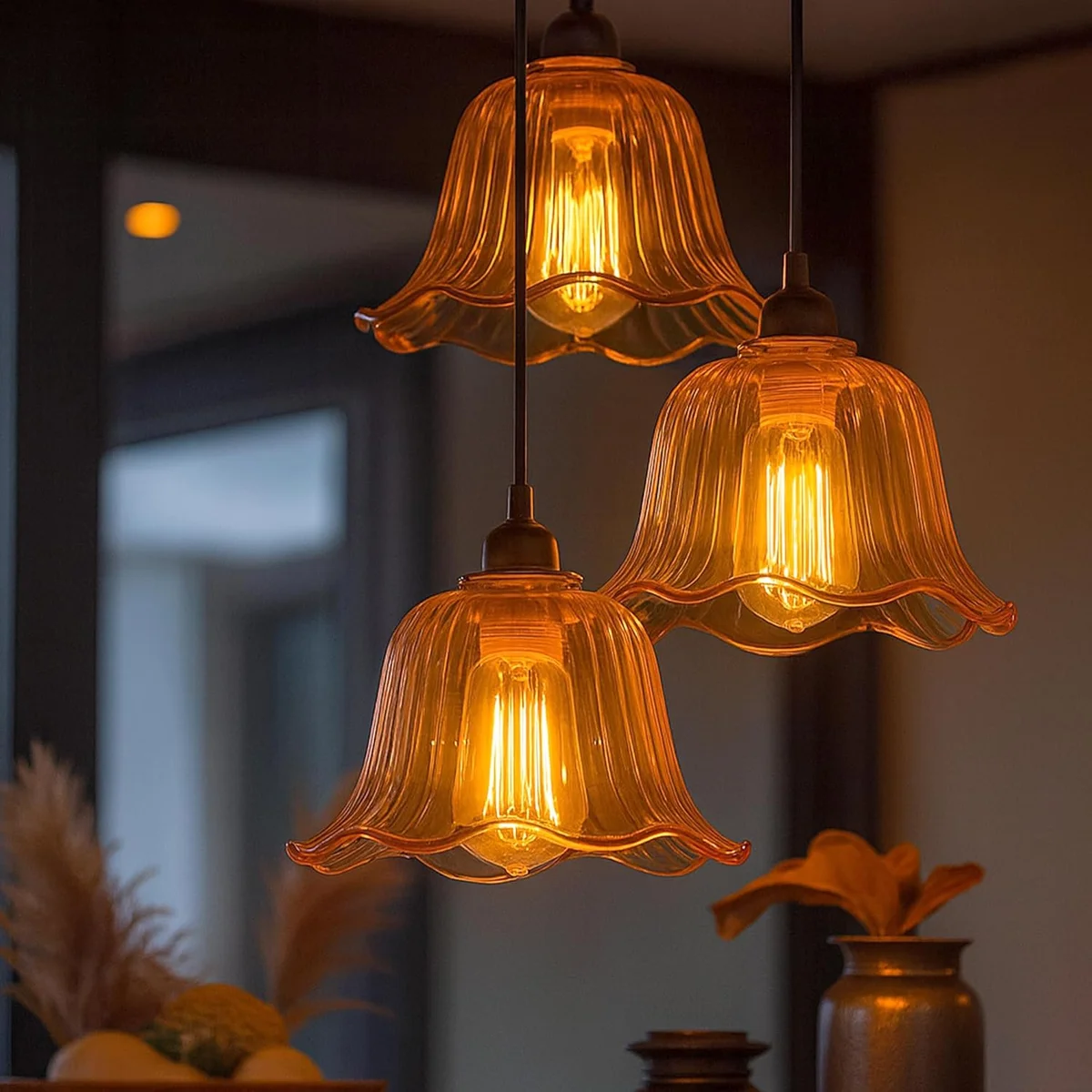 Small amber glass lamp shade with scalloped flower petal design, 11.5cm diameter, warm vintage amber tint