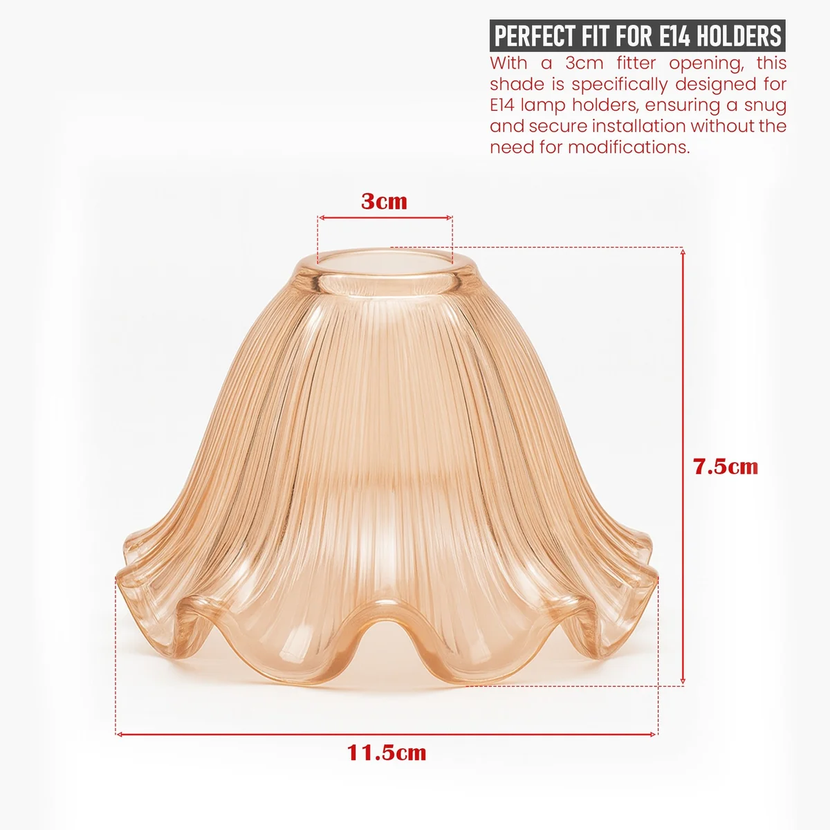 Small amber glass lamp shade with scalloped flower petal edges, 11.5cm diameter, vintage style replacement shade