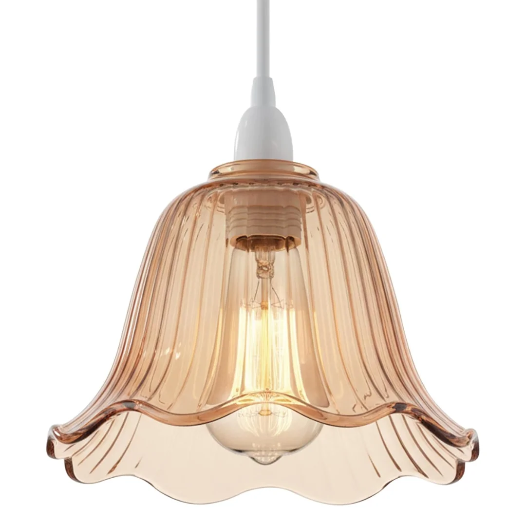 Small amber flower lamp shade with scalloped edges and ribbed glass, 11.5cm diameter, vintage bell shape