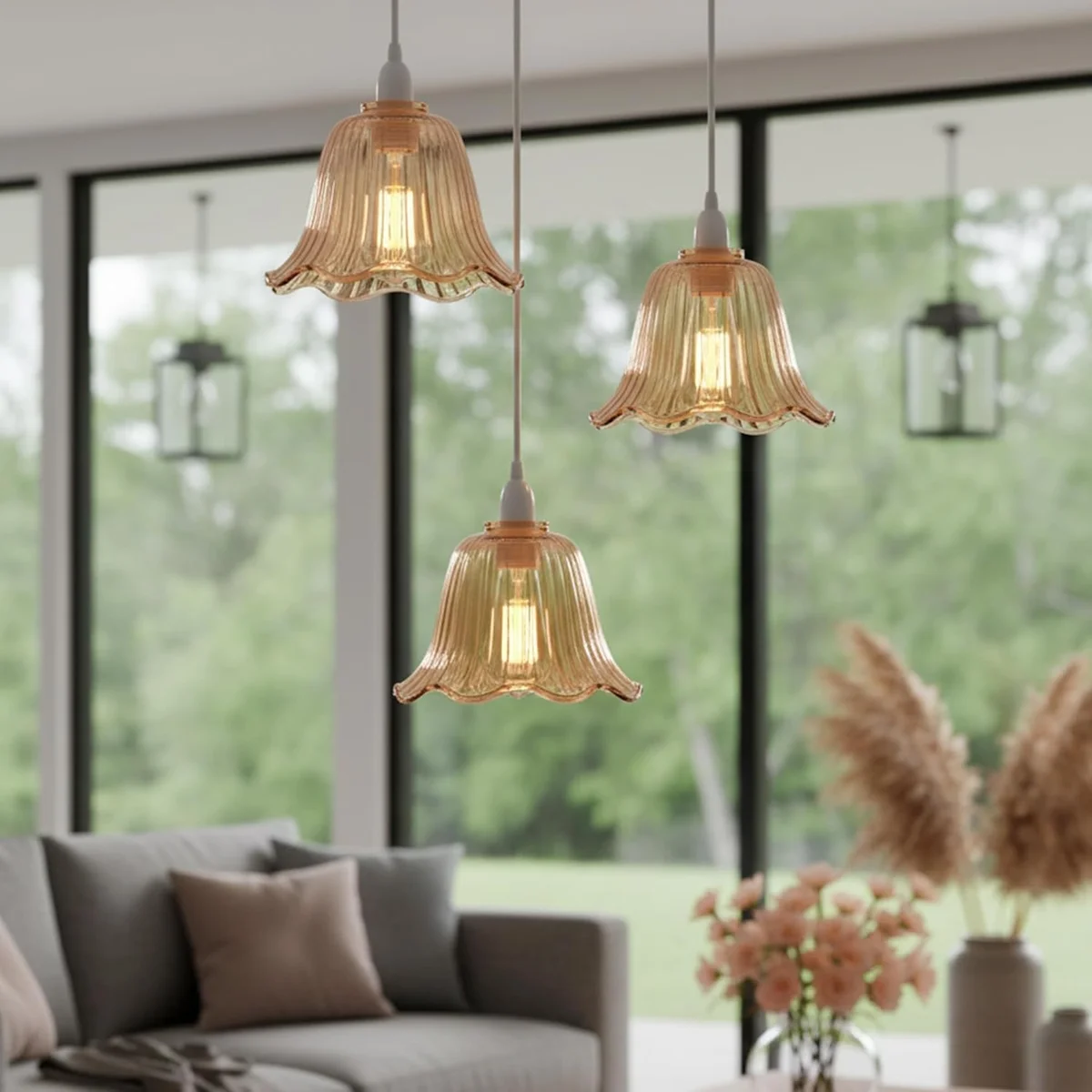 Small amber glass replacement lamp shade with scalloped flower petal design, 11.5cm diameter, vintage style