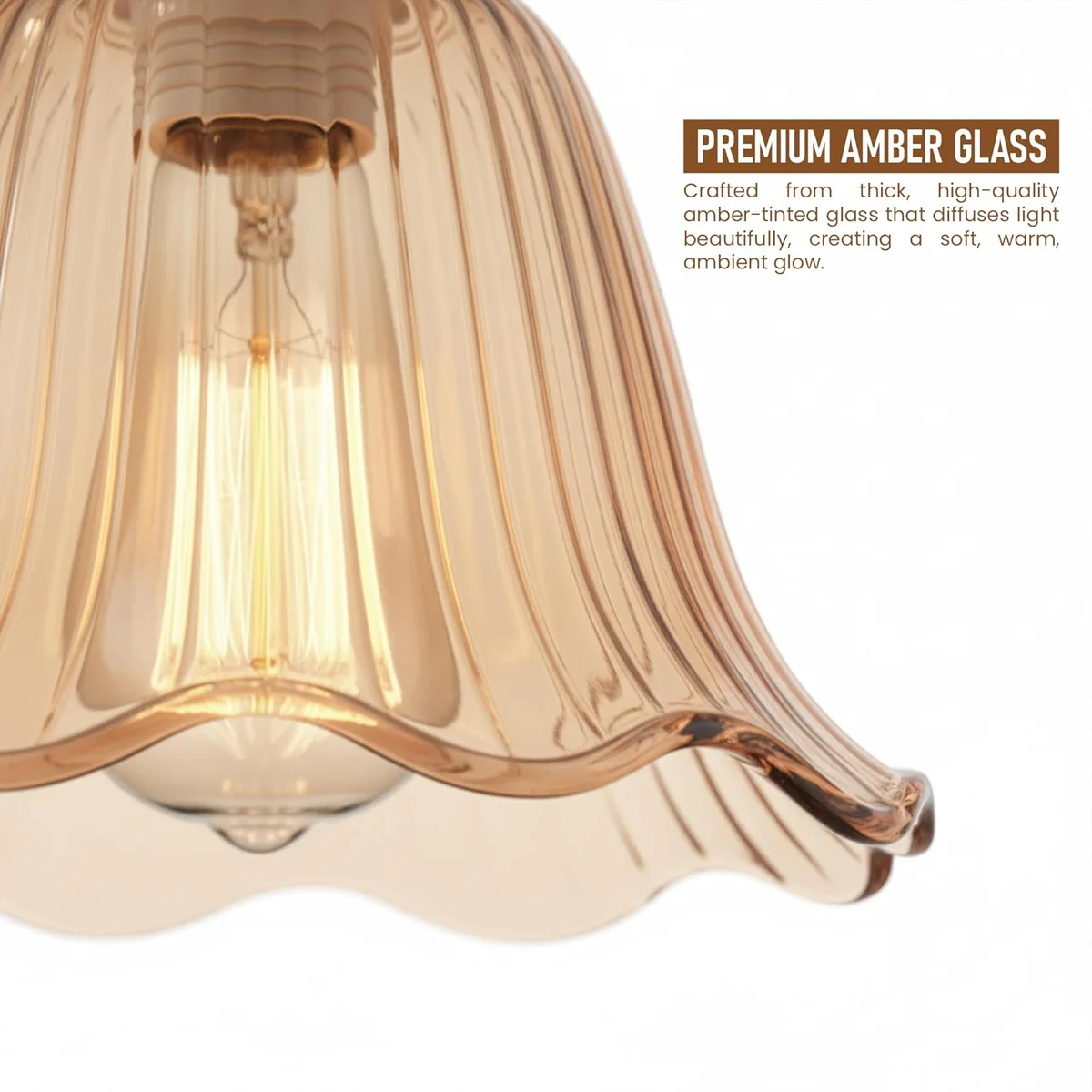 Small 11.5cm amber glass lamp shade with scalloped petal edges, vintage style for wall sconces or chandeliers