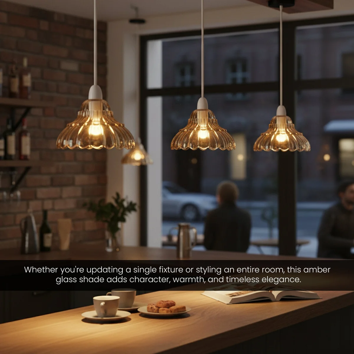 Amber glass lotus flower lampshade with scalloped edges and ribbed texture, 17cm, vintage style for E27 bulbs