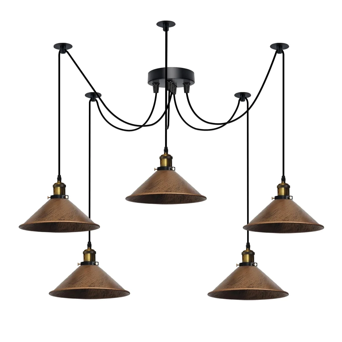 5 light ceiling pendant with adjustable metal arms and fabric-covered cables in industrial vintage style, ceiling mounted