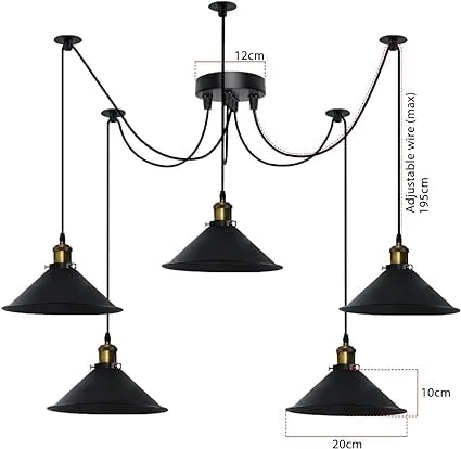 Five-light industrial vintage pendant with adjustable metal arms and fabric-covered cables hanging from ceiling plate