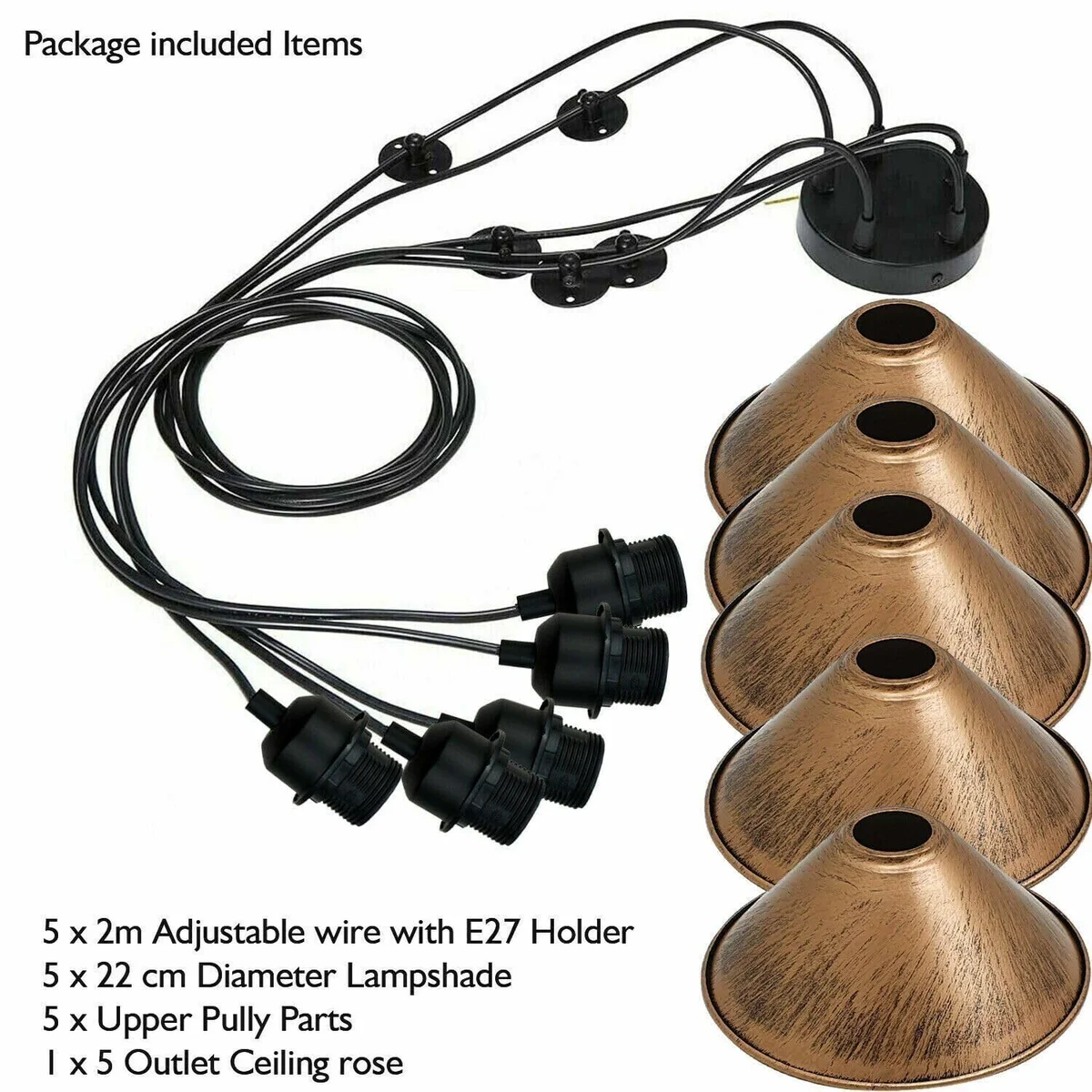 Metal spider pendant light with five adjustable fabric-covered cables and vintage industrial metal shades hanging from ceiling plate