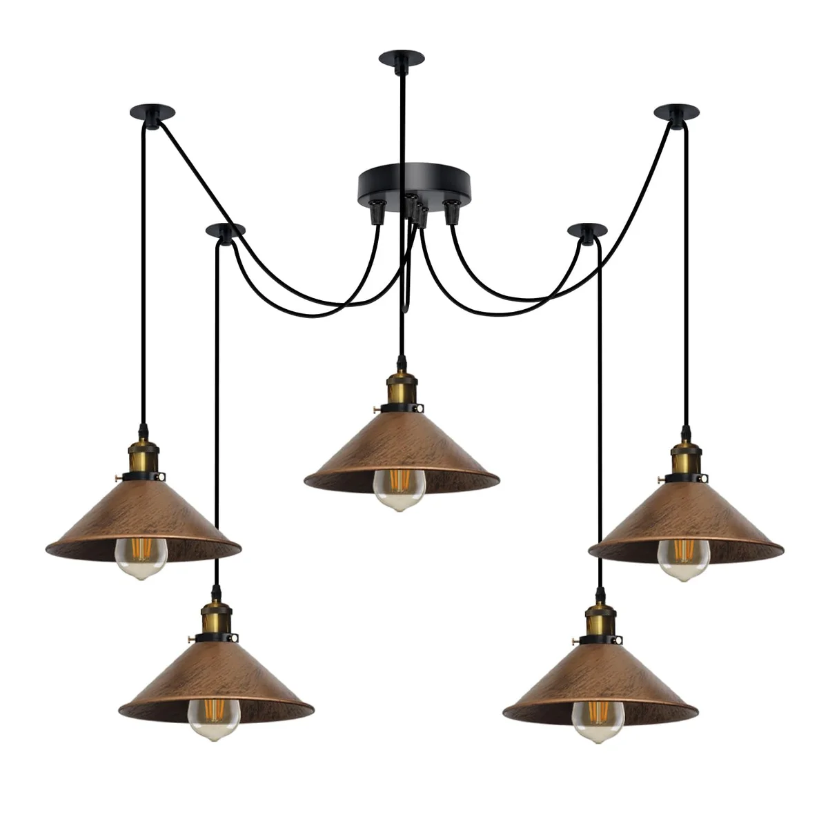 Vintage industrial 5 light spider dimmable pendant light with metal shades and adjustable fabric-covered cords hanging from ceiling rose